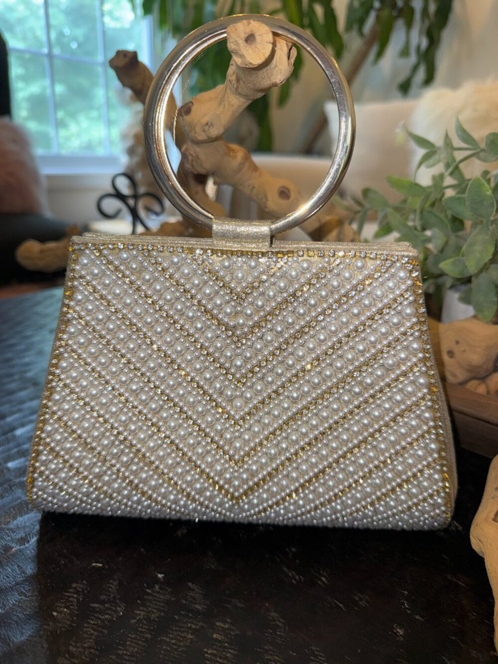 Stunning Gold Lame and Pearl/Rhinestone Evening Bag